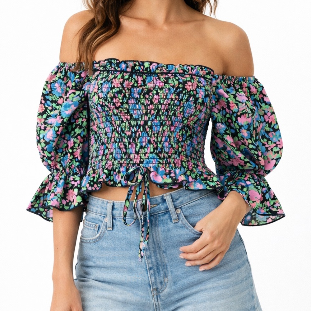 Nasty Gal Floral Smocked Off Shoulder Large Crop Top Cottagecore Summer Boho